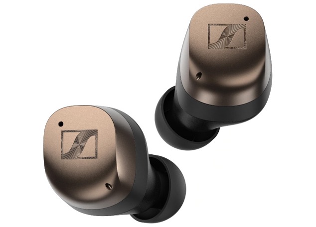 A pair of black and gold earbuds

Description automatically generated